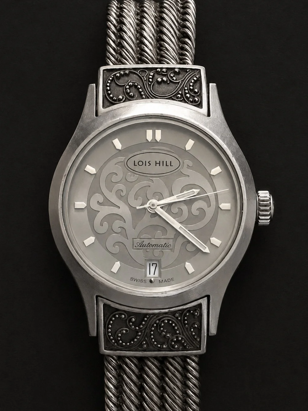 LOIS HILL Automatic Grey Round Sterling Silver Watch